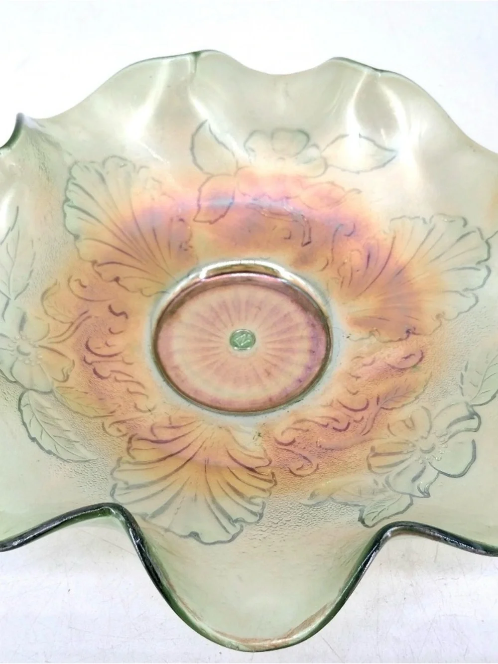 Antique Northwood Green Carnival Glass Blossom and Palm Ruffled Iridescent Bowl